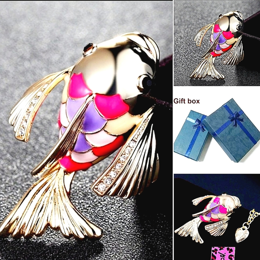 Gold pink purple coi fish necklace/brooch
